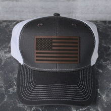 Load image into Gallery viewer, American Flag Patch Hat - Charcoal/White Trucker hat - Darkbrown/Black Leatherette Patch
