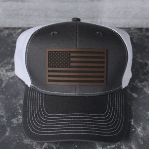 American Flag Patch Hat - Charcoal/White Trucker hat - Darkbrown/Black Leatherette Patch