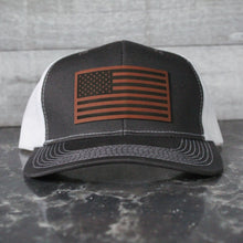 Load image into Gallery viewer, American Flag Patch Hat - Charcoal/White Trucker hat - Rawhide/Black leatherette patch
