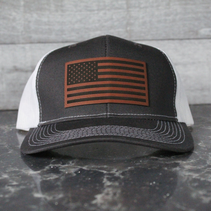 American Flag Patch Hat - Charcoal/White Trucker hat - Rawhide/Black leatherette patch